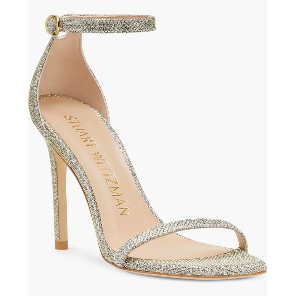 Stuart Weitzman Nudistcurve Ankle Strap Platino Glitter Sandals Heels | 8½ EUC